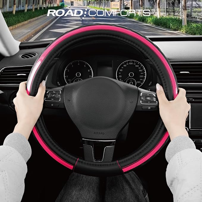 Leather Steering Wheel Cover – Black & Hot Pink, Universal Fit 14.5-15 Inch, Microfiber Leather, Anti-Slip & Breathable Design for Men and Women