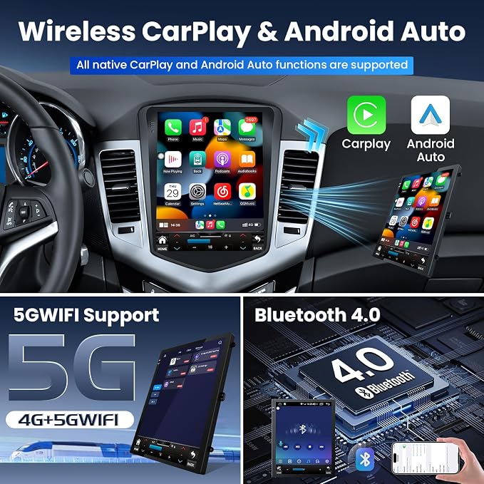 4Core+64GB ROM Tesla-Style Car Radio for Chevrolet Chevy Cruze 2009-2015: 10.4 Inch HD IPS Touchscreen Wireless Carplay Android Auto GPS Backup Camera SWC 5G WiFi Bluetooth 5.0 FM EQ