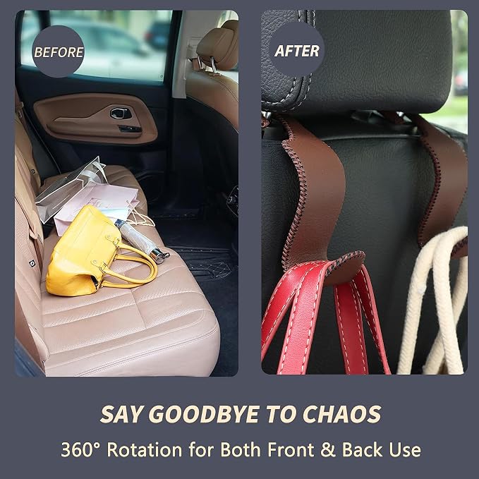 Car Seat Headrest Hook 4 Pack Metal Core Hanger Universal Car Storage Organizer for Handbag Purse Coat S Type Leather Brown