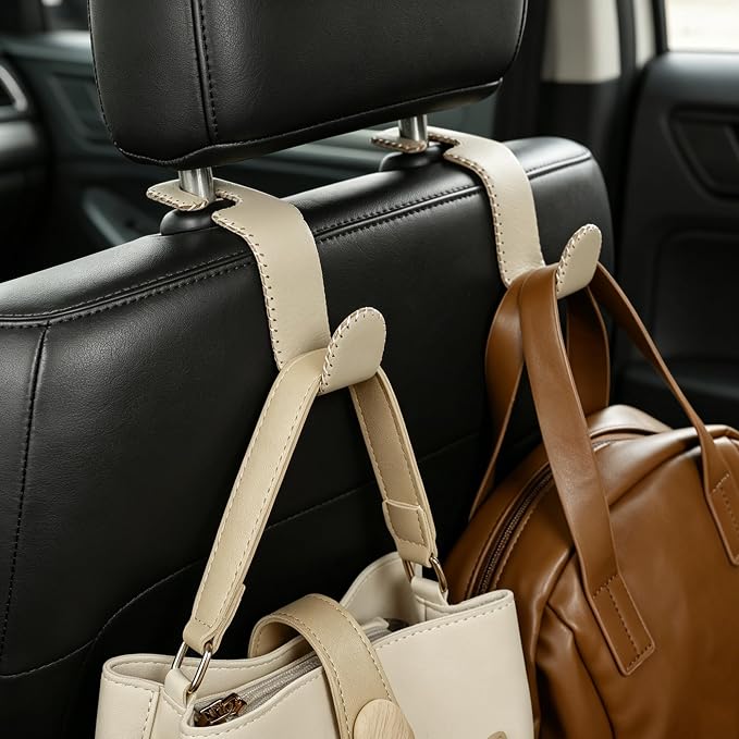 Car Seat Headrest Hook, Universal Vehicle Storage Hanger, Leather with Metal Car Seat Back Organizer for Handbag, Purse, Coat, Ergonomic Design, Beige 4 Pack