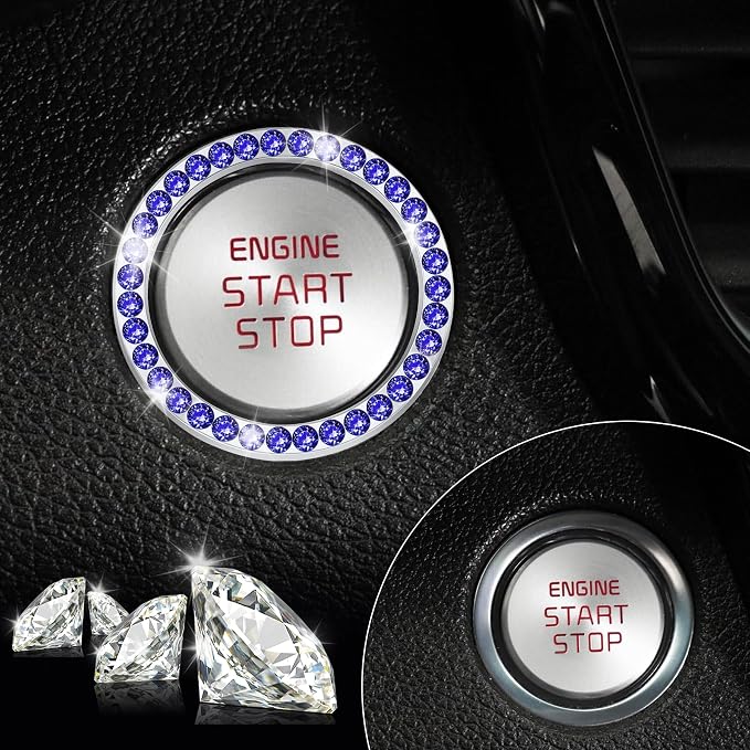 2 PCS Crystal Rhinestone Car Engine Start Stop Decoration Ring, Bling Car Interior Accessories for Women, Push to Start Button Cover Sticker, Automotive Decals, Dark Blue