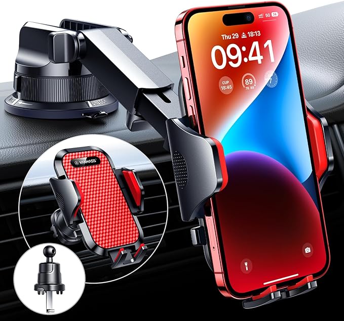 [True Military-Grade] Car Phone Holder [Best Suction & Clip] Cell Phone Mount for Dashboard Windshield Vent Truck Cradle Dash Stand for iPhone 15 Pro Max 14 13 12 Android, Red
