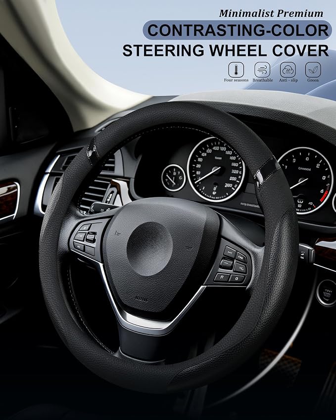 Car Steering Wheel Cover for Men Women Universal Leather Steering Covers for Car SUV (Full-Black)