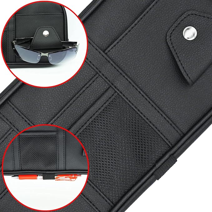 Car Visor Organier Truck SUV Sun Visor Storage Pocket PU Leather Pouch Holder with Multi-Pocket Double Zipper Net Pocket, for Cards Pens Sunglasses Document (Black)