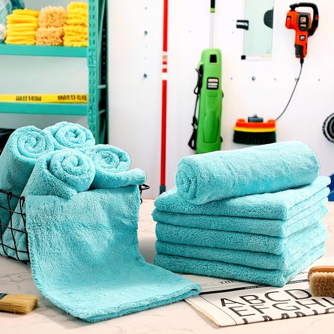 30 Pcs Edgeless Microfiber Plush Towels for Cars Detailing Drying Wash Polishing Absorbent Cleaning Cloths, 500 GSM (16 x 16 Inch,Teal Blue)
