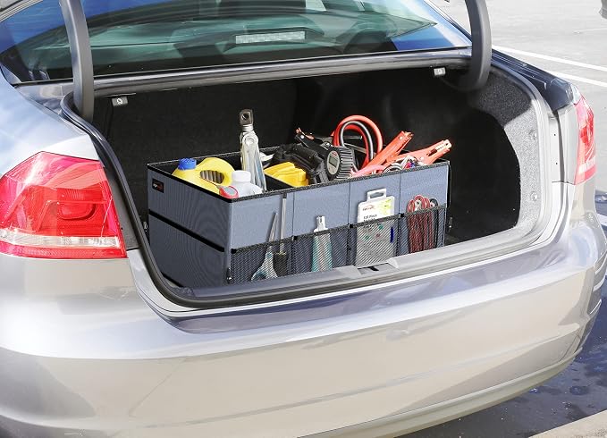 Foldable Car Trunk Organizer for SUV, 3-Compartment, Blue | with Removable Divider, Side Pockets and Securing Straps