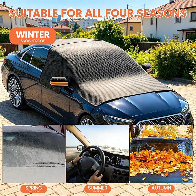All Weather Windshield Cover with Magnetic Edges, 4-Layer Thick Waterproof Sunshade Snow Cover for Most Vehicles