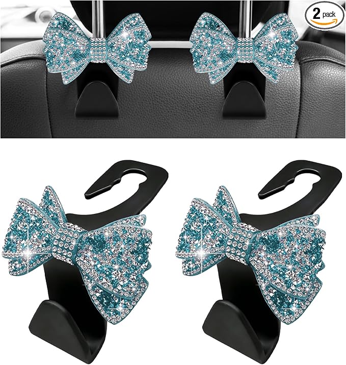 2PCS Bling Bow Car Seat Headrest Hooks, S-Type Crystal Auto Rear Seat Organizer for Handbags Purses Groceries, Cute Rhinestone Bow Seats Back Storage Hook for SUV Truck Sedan (Light Blue)