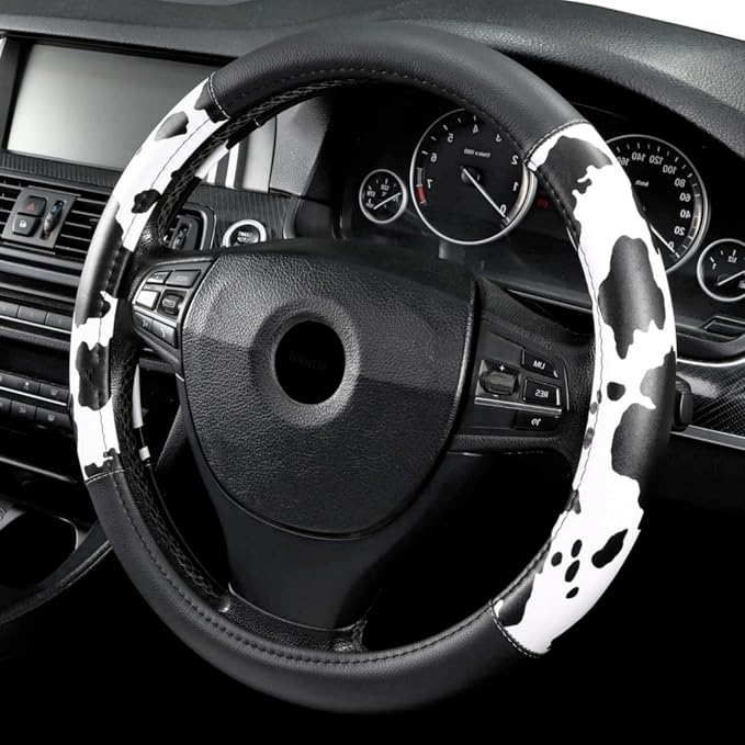 Cow Print Steering Wheel Cover, Universal 15 Inch Cute Steering Wheel Cover for Women, Breathable Anti-Slip Car Steering Wheel Protector, Fashion Auto Interior Accessories for Cars, SUVs & Trucks