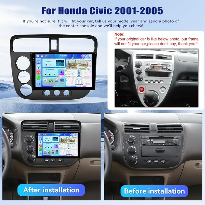 【4+64G】Android 15 Car Stereo for Honda Civic 2001-2005 with Wireless Carplay Android Auto, 9" 1280 * 720P IPS Touchscreen Bluetooth-5.0 Car Radio Support GPS WiFi FM/RDS 32-EQ DSP AHD Rear Camera SWC