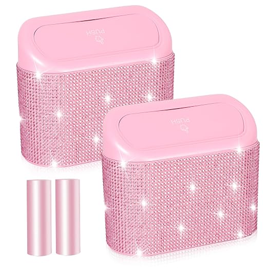 Bling Pink Car Trash Can with Lid - 2 Pack, Mini Auto Garbage Can with 60 Trash Bags, Automotive Garbage Container Bin, Bling Car Accessories Trash Can for Women (Pink Diamond)