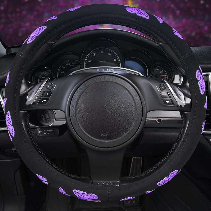 Purple Butterfly Steering Wheel Covers, 14.5" to 15.5" Car Wheel Cover Universal Fit for Suvs, Small Trucks, Sedans, Cars for Cute Women Girly (Black and Purple)