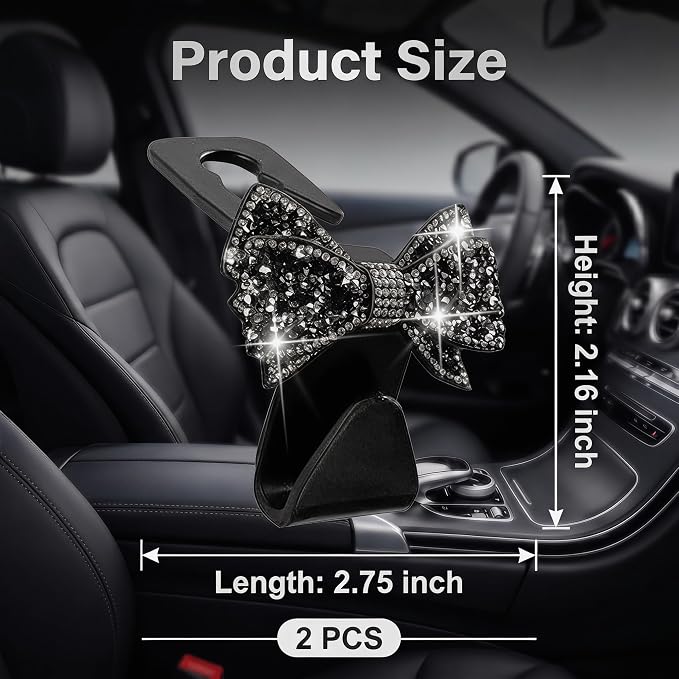 2PCS Bling Bow Car Seat Headrest Hooks, S Type Crystal Rhinestone Bowknot Auto Seat Back Storage Hooks, Diamond Cute Bow Vehicle Storage Organizer, Universal for Purses Bags Groceries(Black)