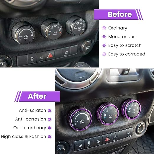 Audio Air Conditioning Button Cover Decoration Twist Switch Ring Trim for Jeep Wrangler JK JKU Patriot 2011-2018, Compass 11-16, Liberty 08-12, Dodge Challenger 08-14 Interior Accessories (Purple)