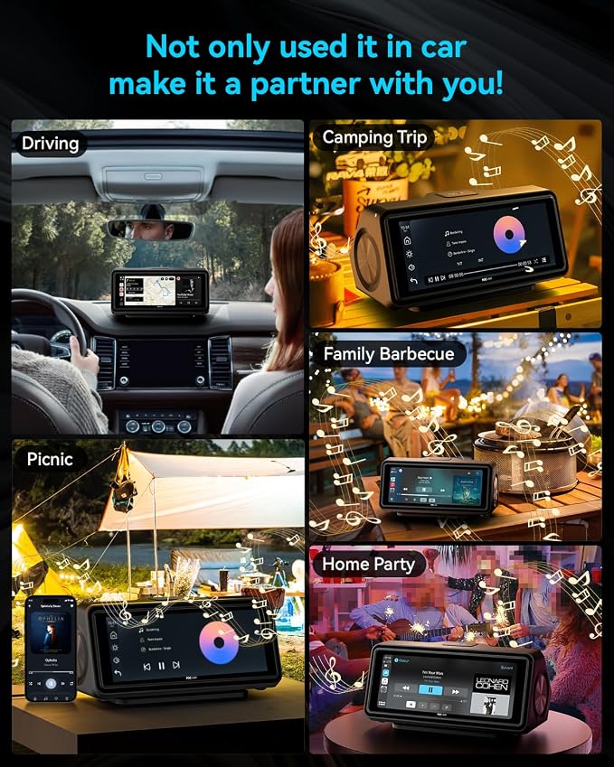 Portable Apple Carplay Screen for Car, Touch Screen with Wireless Android Auto, Car Audio Receivers with Voice Control, Mirror Link, Music Play, GPS Navigation, Built-in Customized Speakers (Black)