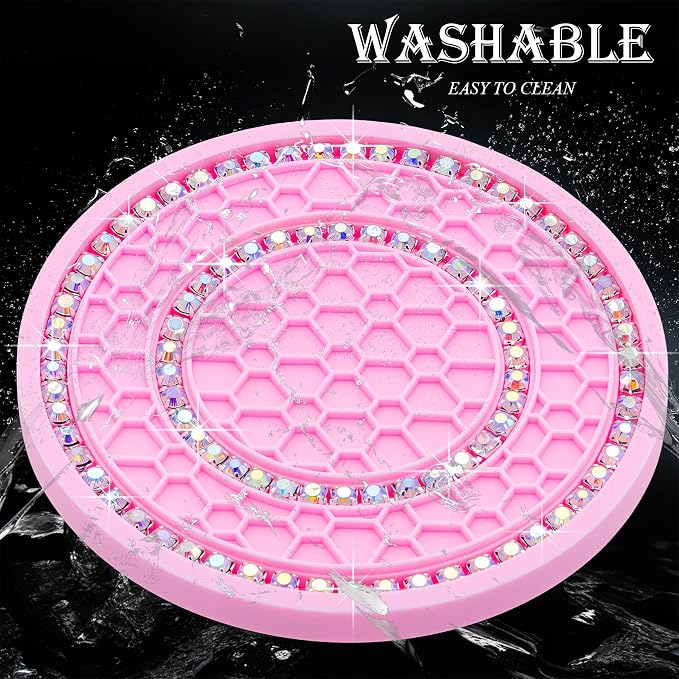 4PCS Bling Crystal Rhinestone Cup Holder Coaster, 2.75 inch Soft Silicone Anti-Slip Shockproof, Car Cup Holder Insert Coasters, Universal Car Interior Accessories for Women (Pink & Colorful)
