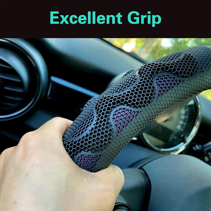 Large Size Steering Wheel Cover Great Grip with 3D Honeycomb Anti-Slip Design, 15.5-15.75 Inch (Purple)