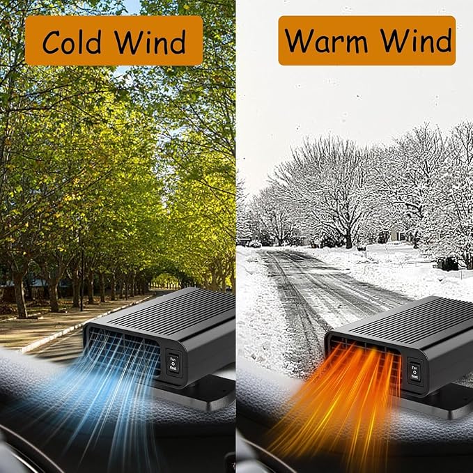 12V Portable Fast Heating Car Defroster and Defogger, 150W Car Heater for Windshield, 360° Heater Plug into Cigarette Lighter for Cars, SUVs, RVs