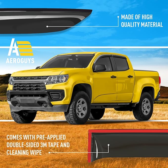 Extra Durable Window Deflectors Tape-On Window Visors Rain Guards Fit for Chevrolet (Chevy) Colorado 2015-2022 Crew Cab, Sun Visors, Wind Vent for Shades, Exterior Car Accessories - 4 pcs. AG0886