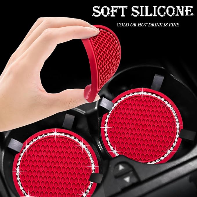 4PCS Bling Cup Holder Coaster, 2.75 Inch Auto Car Cup Holder Insert Coasters, Soft Silicone Anti-Slip Shockproof, Universal Vehicle Interior Accessories for Women Girls (Red & White)