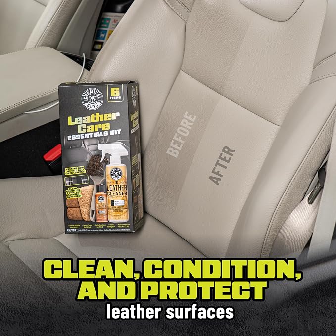 Leather Care Kit, Cleaner and Conditioner for Car Seats | Complete 6-piece leather cleaning and conditioning kit for car seats, furniture, shoes and bags; genuine or vegan leather
