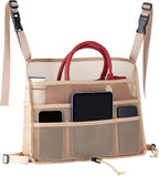 Car Net Pocket Handbag Holder Between Seats Back Storage Organizer 3 - Layers Purse Holder for Console Front Seat Storage Barrier, Beige