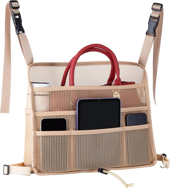 Car Net Pocket Handbag Holder Between Seats Back Storage Organizer 3 - Layers Purse Holder for Console Front Seat Storage Barrier, Beige