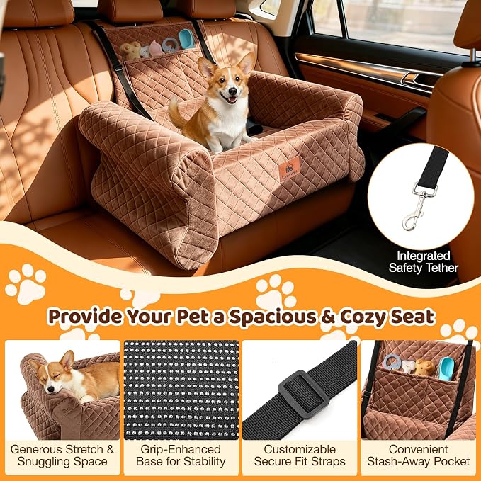 Dog Car Seat for Medium/Large Dogs up to 60 lbs, Memory Foam Dog Booster Seat with Thick Cushion, Pet Car Seat for Back with Detachable Washable Cover, Storage Pockets for SUV, Pick Up, Trunk, Brown