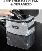 Car Trash Can with Lid and Storage Pockets - 100% Leak-Proof Organizer, Waterproof Garbage Can, Multipurpose Trash Bin for Car, 2 Gallons, Sparkle White