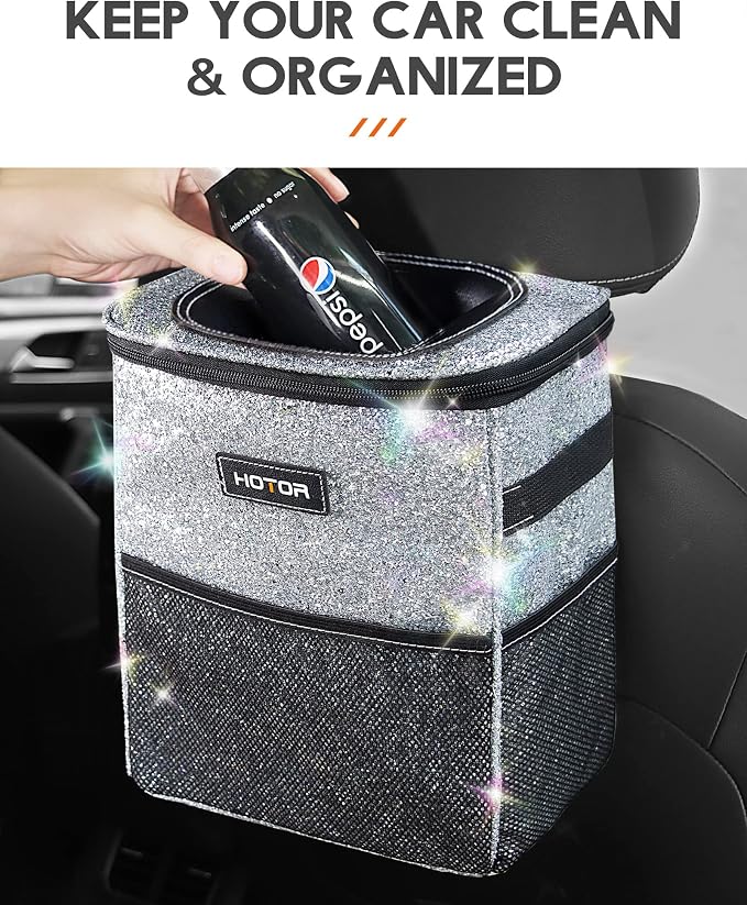 Car Trash Can with Lid and Storage Pockets - 100% Leak-Proof Organizer, Waterproof Garbage Can, Multipurpose Trash Bin for Car, 2 Gallons, Sparkle White