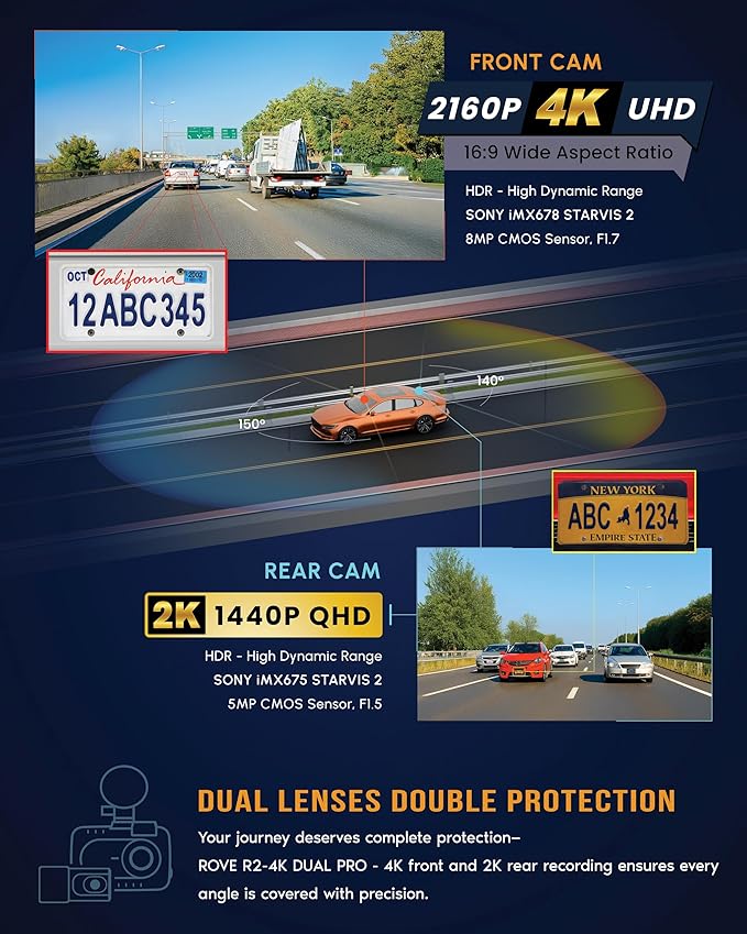 R2-4K Dual PRO Dash Cam Front and Rear, 4K+2K Dash Camera for Cars, Dual STARVIS 2 IMX678 + IMX675 Sensors, Free 128GB Card + CPL, WiFi 6 - up to 30MB/s Download Speed, 3" IPS, 24Hr Parking Mode