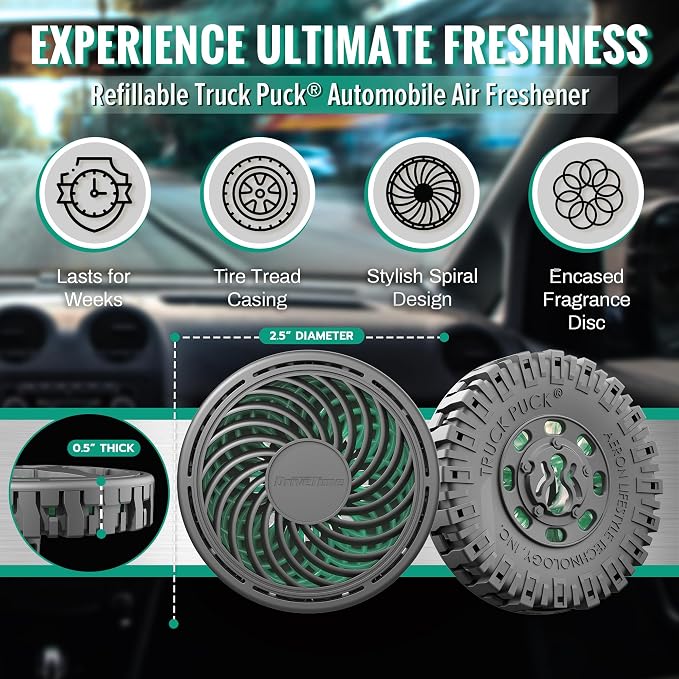 Truck Puck Evergreen Fragrance Car Air Freshener – Long-Lasting Car Deodorizer, Refillable Vent & Visor Clip Auto Air Freshener for Car, Truck & SUV, Premium Fragrance, Pack of 3