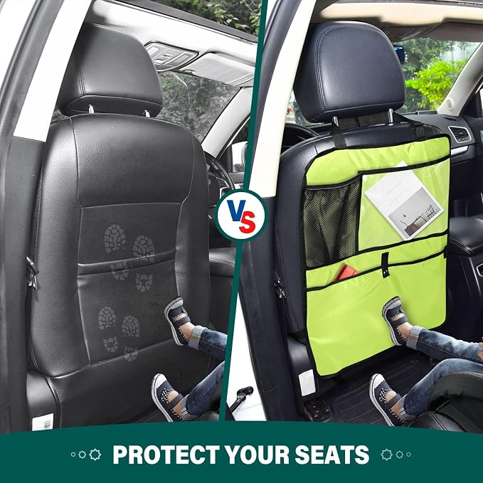 Neon Yellow Car Seat Organizer for Kids Backseat Kick Mat with Adjustable Strap Seat Back Protectors for Car Vehicle SUV 2 Pcs