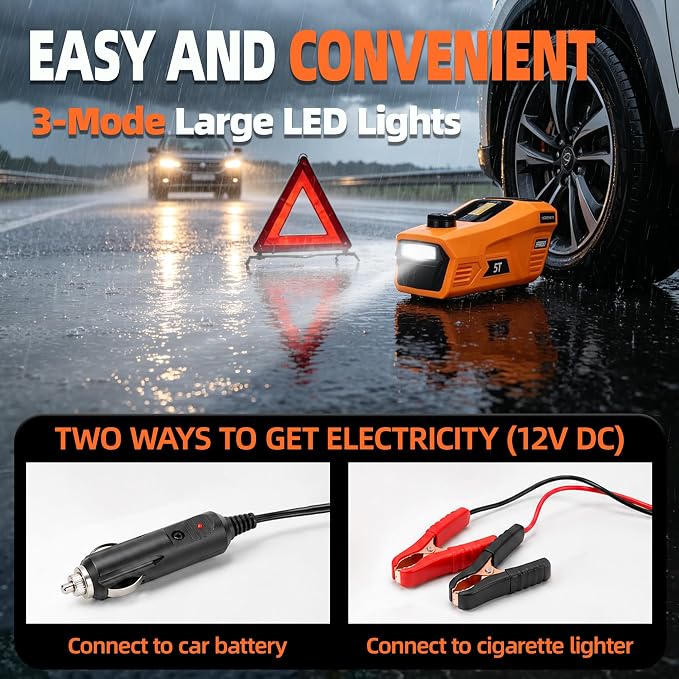 Electric Car Jack 5 Ton 12V Hydraulic Jack Kit with Impact Wrench & Tire Inflator Pump, Wireless Remote & Touch Screen, 3-Mode LED for SUV MPV Sedan Truck – Garage, Roadside, Tire Change