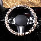 Leopard Print Steering Wheel Cover - Bling Crystal Rhinestones Cheetah Print on PVC Leather Non-Slip Breathable Design for Women/Girls Universal Fit 14.5-15 Inch