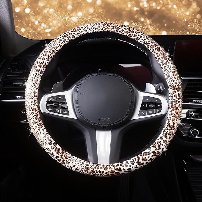 Leopard Print Steering Wheel Cover - Bling Crystal Rhinestones Cheetah Print on PVC Leather Non-Slip Breathable Design for Women/Girls Universal Fit 14.5-15 Inch
