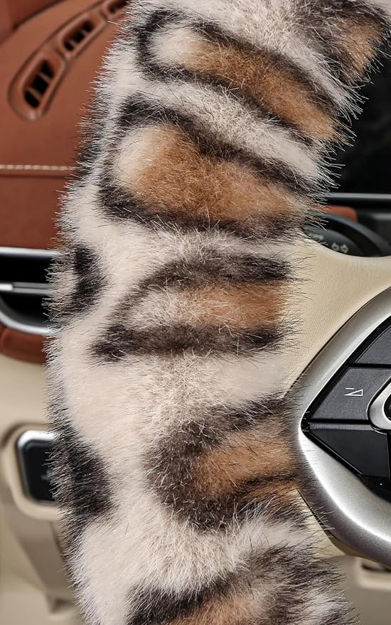 Fluffy Cheetah Car Steering Wheel Cover Luxurious Faux Fur Leopard Print Cute Wheel Protector Universal 15 Inch Fit for Vehicle, Car, Auto, SUV Winter Warm (Ginger)