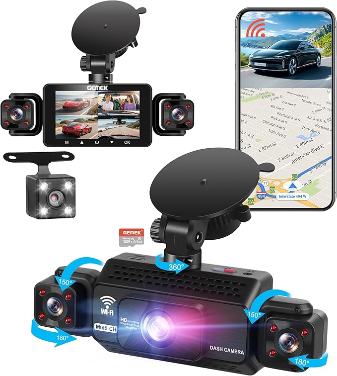 4 Channel Dash Cam 360° View 5G WiFi & APP Control, 2K Front and Rear Inside, Left Right Dash Camera for Cars Free 64GB TF Card, G-Sensor, Night Vision, 24H Parking Mode
