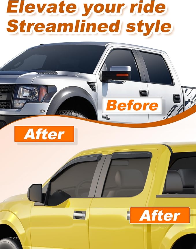 Extra-Thick Window Rain Guards Fit for 2009-2014 Ford F150 SuperCrew CrewCab SVT Raptor Rain Guards Window Deflectors Visors Tape-on Vent Visors Vent Shades Car Accessories