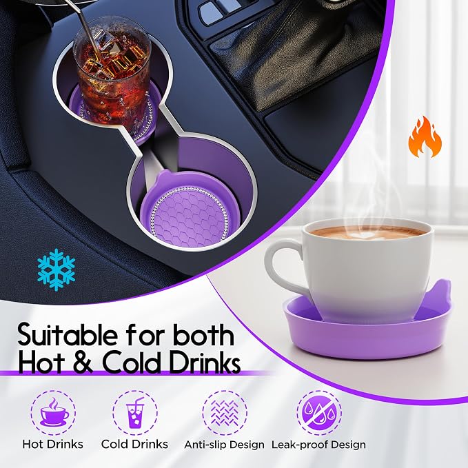Car Cup Coaster Universal Non-Slip Cup Holders Bling Crystal Rhinestone Car Interior Accessories 2 Pack Purple