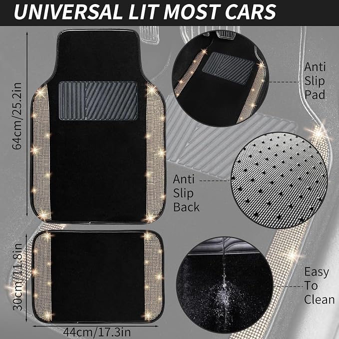 12 Pcs Bling Car Accessories Set for Women Car Floor Mats Full Set Steering Wheel Cover Seat Belt Covers Coasters Universal Fit Car SUV Truck Van Champagne