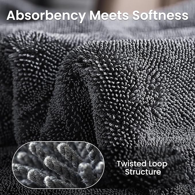2 Pack 1300 GSM Car Drying Towel, [Twisted Loop, Pro-Grade Care] Car Microfiber Cleaning Cloth Accessories, Streak Free, Lint Free, Reusable, 2Pcs (36"×24"+16"×16"), Black Gray