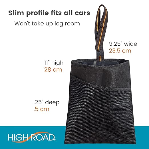 Small Hanging Car Trash Bag with Waterproof Liner, Storage Pocket and Adjustable Strap - Hangs from Handles or Headrest Posts Without Taking Up Legroom
