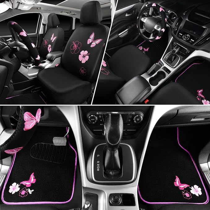 Universal Cloth Butterfly Car Seat Covers Full Set, Embroidered Flower Waterproof Car Floor Mats Carpet, Butterflies Steering Wheel Cover for Car Accessories Interior Sets (Black and Pink)