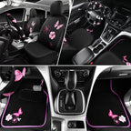 Universal Cloth Butterfly Car Seat Covers Full Set, Embroidered Flower Waterproof Car Floor Mats Carpet, Butterflies Steering Wheel Cover for Car Accessories Interior Sets (Black and Pink)