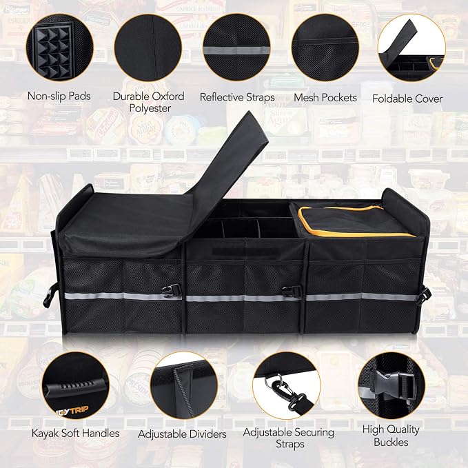 Large Trunk Organizer With Built-in Leakproof Cooler Bag, 2 Tie-Down Straps, 4 Removable Dividers, Foldable Cover, Built with 2mm PE Board