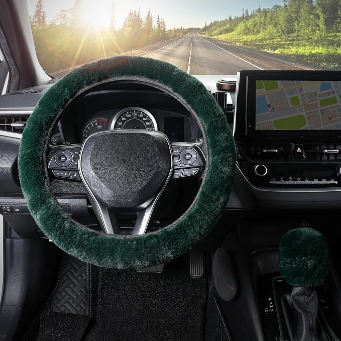 Furry Car Steering Wheel Cover with Gear Shift Cover, Soft and Warm, Cute Fluffy Auto Decor for Women Men, Standard Size, 2 PCS Set, Dark Green