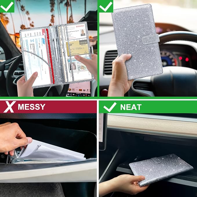 Car Registration & Insurance Holder - Leather Glove Box Organizer, Cool Accessories for ID, Driver's License Cards & Essential Documents, Men & Women, Glitter Gray