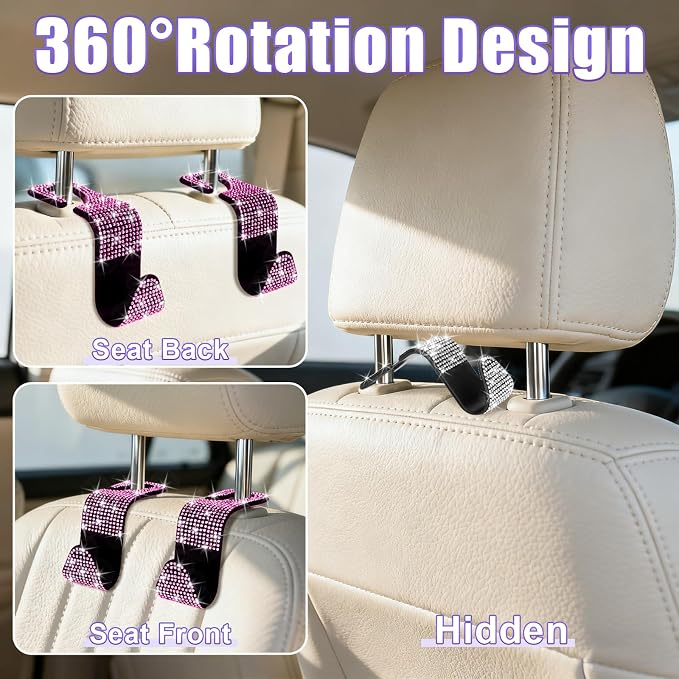 6 Pack Bling Car Seat Headrest Hooks, Rhinestone Purse Hook for Car, Universal Storage Organizer for Handbag Grocery Bags Coats, Bling Car Accessories for Women (Bling Pink)