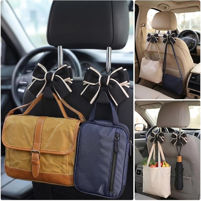 2 Pack Cute Bow Car Seat Headrest Hooks, Purse Hook for Car, Car Purse Hanger for Bags, Backseat Storage Organizer, Universal Vehicle Hooks for Women, Sedan SUV Truck, Black/White